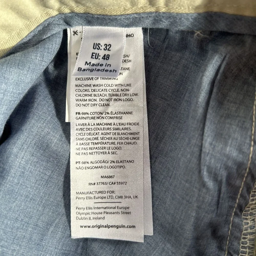 Original Penguin Mens Slim Fit Stretch Chino Shorts Agate Gray Sz 32 NEW w/Tags